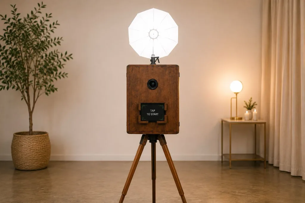 The justaglimpse vintage wooden photo booth with DSLR camera and softbox on a wooden tripod